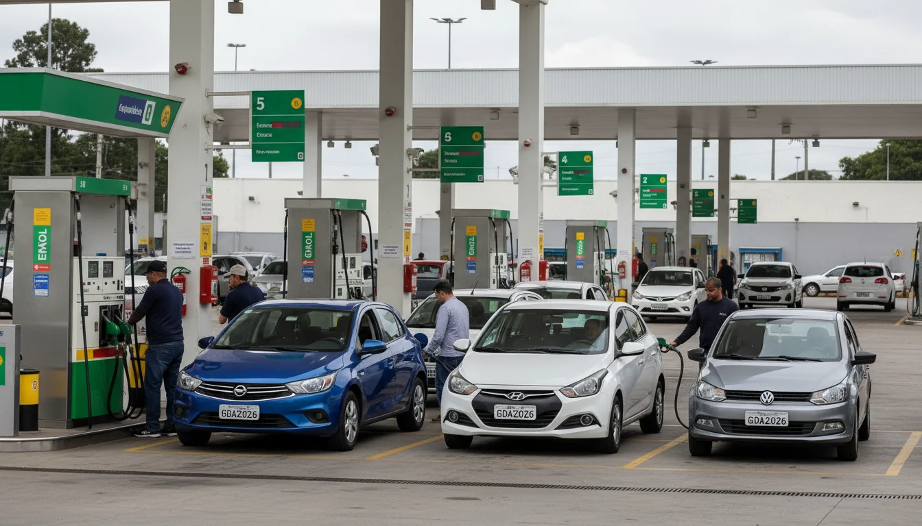 Cena de posto de combustível brasileiro com motoristas abastecendo, destaque para bombas de etanol e gasolina, refletindo o aumento de preço etanol sobe 23 estados