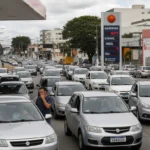 Imagem de um posto de gasolina em Salvador com filas de carros e placa de preços elevado, ilustrando gasolina mais cara salvador.