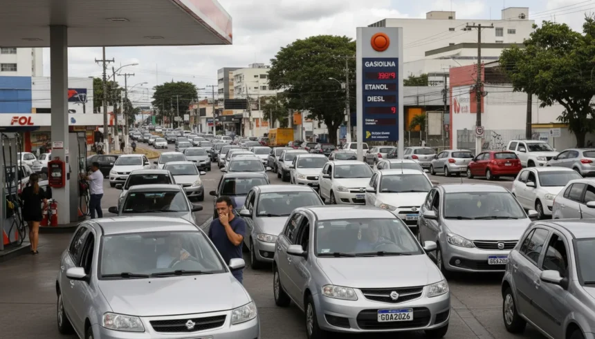 Imagem de um posto de gasolina em Salvador com filas de carros e placa de preços elevado, ilustrando gasolina mais cara salvador.