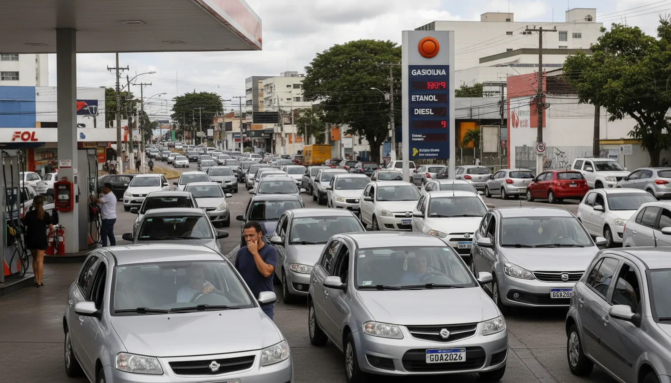 Imagem de um posto de gasolina em Salvador com filas de carros e placa de preços elevado, ilustrando gasolina mais cara salvador.