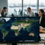 Fotografia ultra realista de sala de operações com mapa global e porto ao fundo, destacando onde vem diesel Brasil