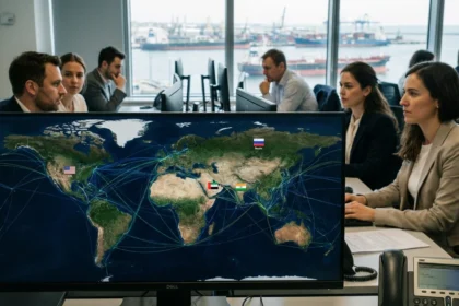 Fotografia ultra realista de sala de opera&ccedil;&otilde;es com mapa global e porto ao fundo, destacando onde vem diesel Brasil