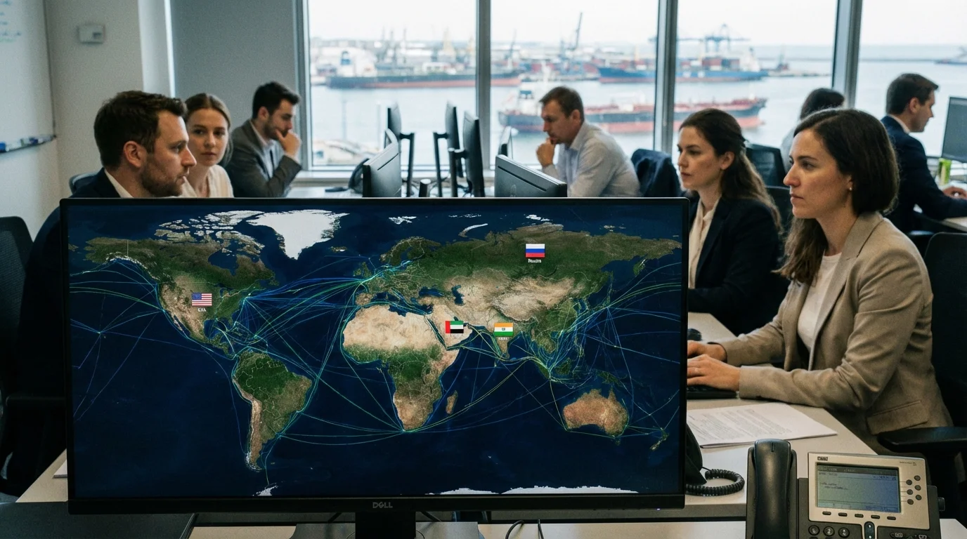 Fotografia ultra realista de sala de operações com mapa global e porto ao fundo, destacando onde vem diesel Brasil