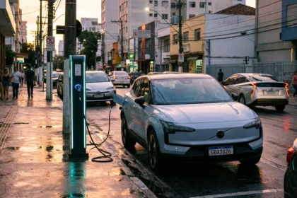 Imagem de um carro elétrico moderno em rua urbana brasileira ao entardecer, destacando a evolução do mercado de carros eletrificados disparam brasil