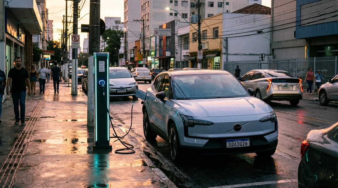 Imagem de um carro elétrico moderno em rua urbana brasileira ao entardecer, destacando a evolução do mercado de carros eletrificados disparam brasil