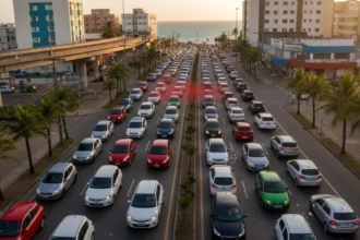 Carros parados em engarrafamento na Avenida Álvaro Calheiros, Maceió, simbolizando o custo de manter veículo na capital alagoana e os desafios da mobilidade urbana.