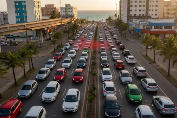 Carros parados em engarrafamento na Avenida Álvaro Calheiros, Maceió, simbolizando o custo de manter veículo na capital alagoana e os desafios da mobilidade urbana.