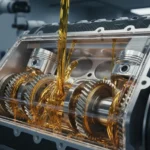 Motor automotivo com óleo dourado lubrificando componentes internos, ilustrando as melhores práticas de lubrificação automotiva para performance e longevidade.