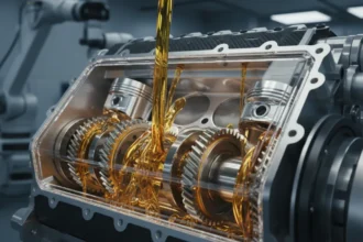 Motor automotivo com óleo dourado lubrificando componentes internos, ilustrando as melhores práticas de lubrificação automotiva para performance e longevidade.