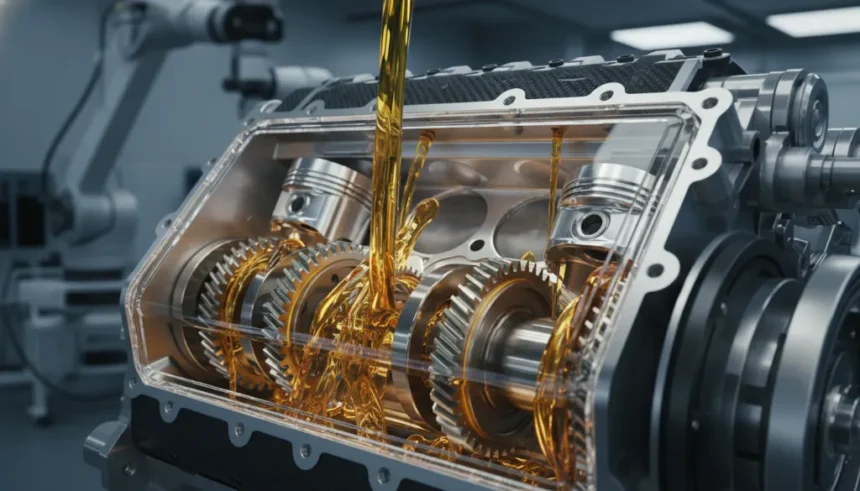 Motor automotivo com óleo dourado lubrificando componentes internos, ilustrando as melhores práticas de lubrificação automotiva para performance e longevidade.