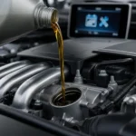 Mão derramando óleo novo e limpo em um motor de carro moderno, com um calendário sutil ao fundo, ilustrando a importância e os intervalos corretos para saber quando trocar o óleo do carro e garantir a longevidade do veículo.