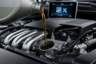 Mão derramando óleo novo e limpo em um motor de carro moderno, com um calendário sutil ao fundo, ilustrando a importância e os intervalos corretos para saber quando trocar o óleo do carro e garantir a longevidade do veículo.