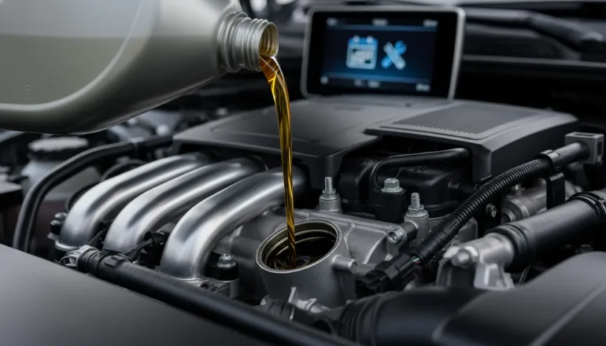 Quando trocar o óleo do carro: o guia completo sobre os intervalos ideais, os fatores que influenciam e a importância vital para a longevidade e performance do seu motor 1 Mão derramando óleo novo e limpo em um motor de carro moderno, com um calendário sutil ao fundo, ilustrando a importância e os intervalos corretos para saber quando trocar o óleo do carro e garantir a longevidade do veículo.