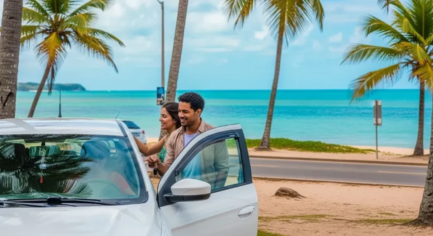 Pessoa sorrindo ao alugar carro em Maceió com o mar ao fundo