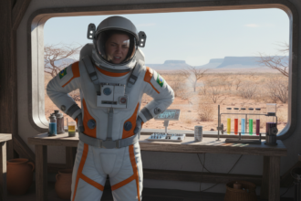 Astronauta com dor nos rins em ambiente brasileiro simulando Marte