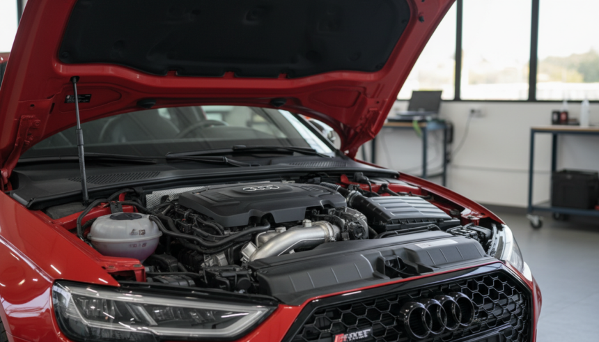 Audi RS3 com motor de cinco cilindros exposto em oficina