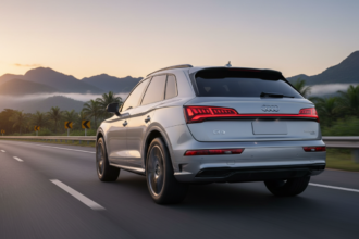 Audi Q5 2026 em movimento em estrada brasileira ao amanhecer com tração quattro