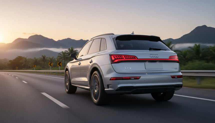 Audi Q5 2026 em movimento em estrada brasileira ao amanhecer com tração quattro