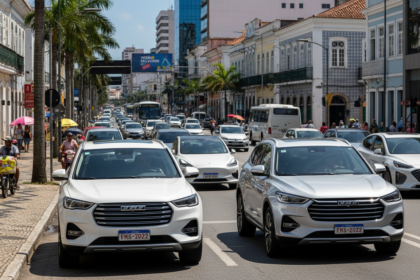 Ve&iacute;culos el&eacute;tricos e h&iacute;bridos, como Haval H6 e BYD Song Pro, em uma rua na Bahia.