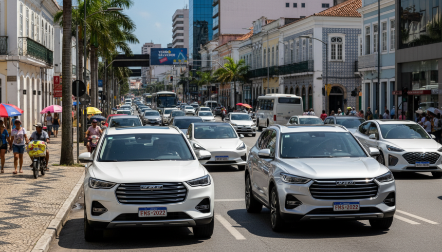 Veículos elétricos e híbridos, como Haval H6 e BYD Song Pro, em uma rua na Bahia.