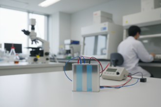 Protótipo de bateria lítio-ar em laboratório japonês com densidade energética avançada.