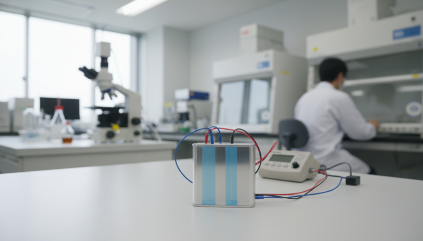 Protótipo de bateria lítio-ar em laboratório japonês com densidade energética avançada.