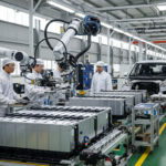 Linha de produção de baterias de íons de sódio em fábrica chinesa com carros elétricos ao fundo