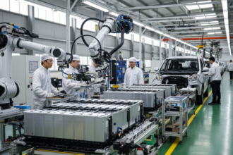 Linha de produção de baterias de íons de sódio em fábrica chinesa com carros elétricos ao fundo