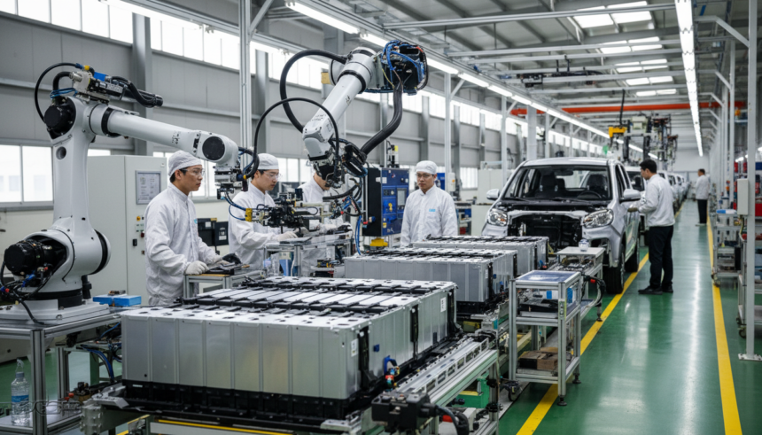 Linha de produção de baterias de íons de sódio em fábrica chinesa com carros elétricos ao fundo