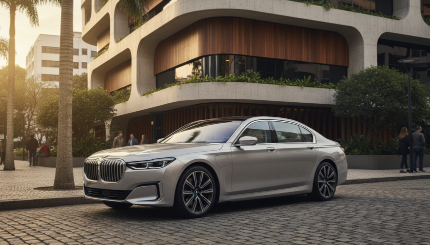 BMW i7 estacionado em ambiente urbano brasileiro.