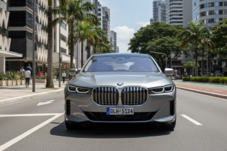 BMW i7 em cenário urbano brasileiro com foco em sustentabilidade