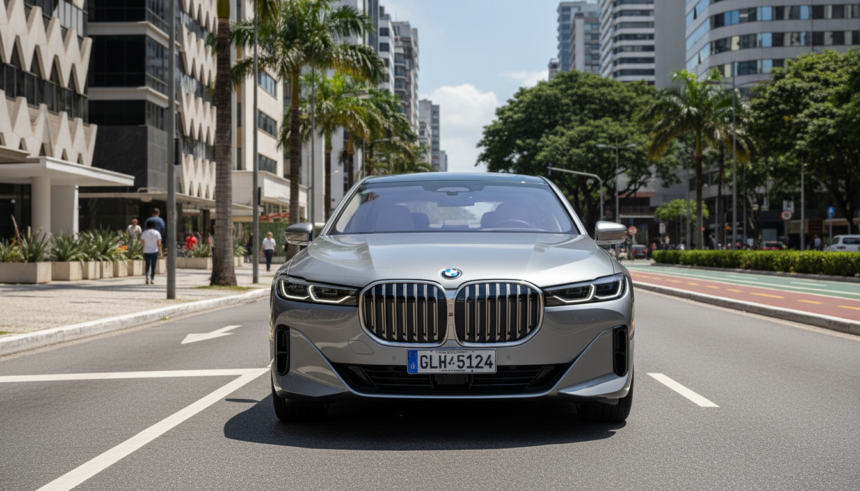 BMW i7 em cenário urbano brasileiro com foco em sustentabilidade