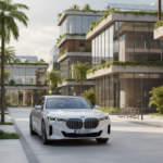 BMW i7 branco estacionado em cenário urbano brasileiro moderno e sustentável
