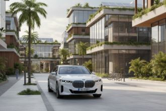 BMW i7 branco estacionado em cenário urbano brasileiro moderno e sustentável