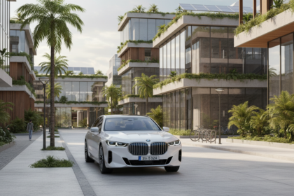 BMW i7 branco estacionado em cen&aacute;rio urbano brasileiro moderno e sustent&aacute;vel