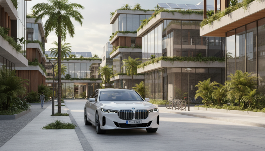 BMW i7 branco estacionado em cenário urbano brasileiro moderno e sustentável