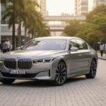 BMW i7 em cenário urbano brasileiro com iluminação natural, destacando seu design e a integração com o ambiente.