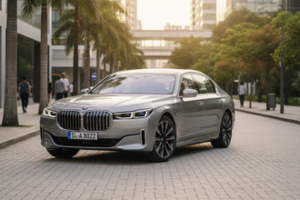 BMW i7 em cenário urbano brasileiro com iluminação natural, destacando seu design e a integração com o ambiente.