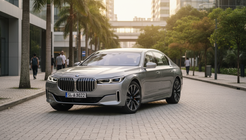 BMW i7 em cenário urbano brasileiro com iluminação natural, destacando seu design e a integração com o ambiente.