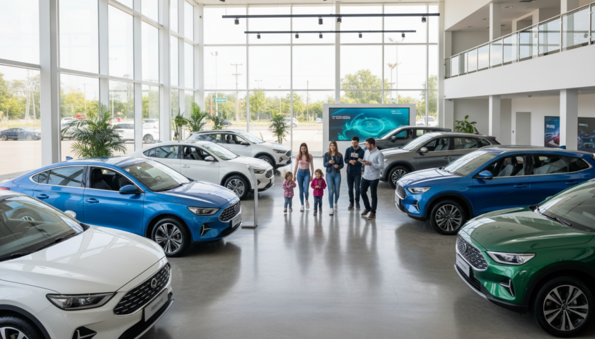 Brasil celebra marco de 100 mil veículos eletrificados emplacados em três meses 1 Veículos eletrificados em exposição em uma concessionária brasileira.