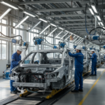 Linha de montagem em fábrica automotiva brasileira, simbolizando a produção e tecnologia regional.