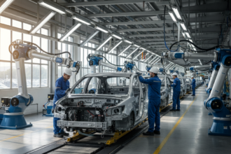 Linha de montagem em fábrica automotiva brasileira, simbolizando a produção e tecnologia regional.