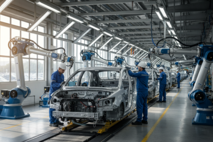 Linha de montagem em fábrica automotiva brasileira, simbolizando a produção e tecnologia regional.