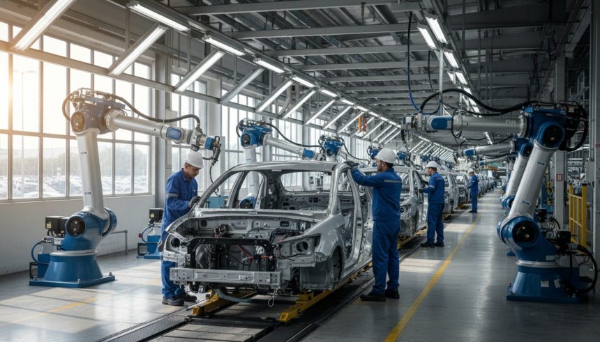 Linha de montagem em fábrica automotiva brasileira, simbolizando a produção e tecnologia regional.