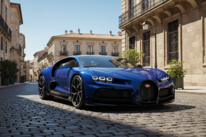Bugatti Tourbillon azul e preto em cen&aacute;rio urbano