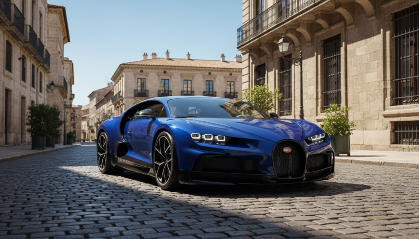 Bugatti Tourbillon azul e preto em cenário urbano