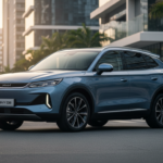 Novo SUV elétrico BYD Sealion 08 com design luxuoso em cenário urbano brasileiro.