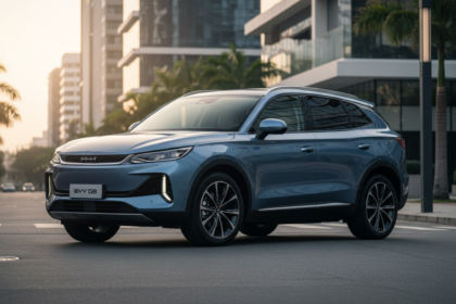 Novo SUV el&eacute;trico BYD Sealion 08 com design luxuoso em cen&aacute;rio urbano brasileiro.