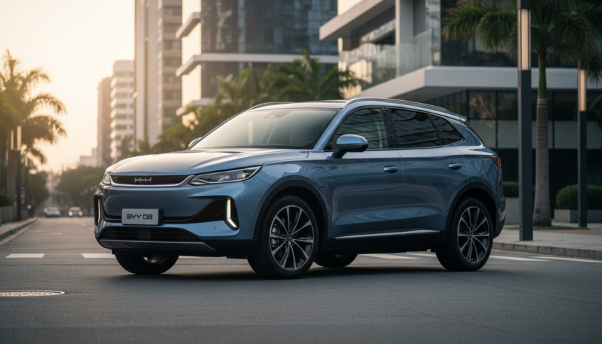 Novo SUV elétrico BYD Sealion 08 com design luxuoso em cenário urbano brasileiro.