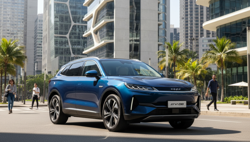 BYD Sealion 08, SUV elétrico de luxo com design moderno, em cenário urbano brasileiro.